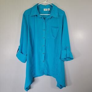 Cato Shark Tail Womans Blouse 2XL 18/20W Turquoise Airy Coastal Roll Tab Sleeves